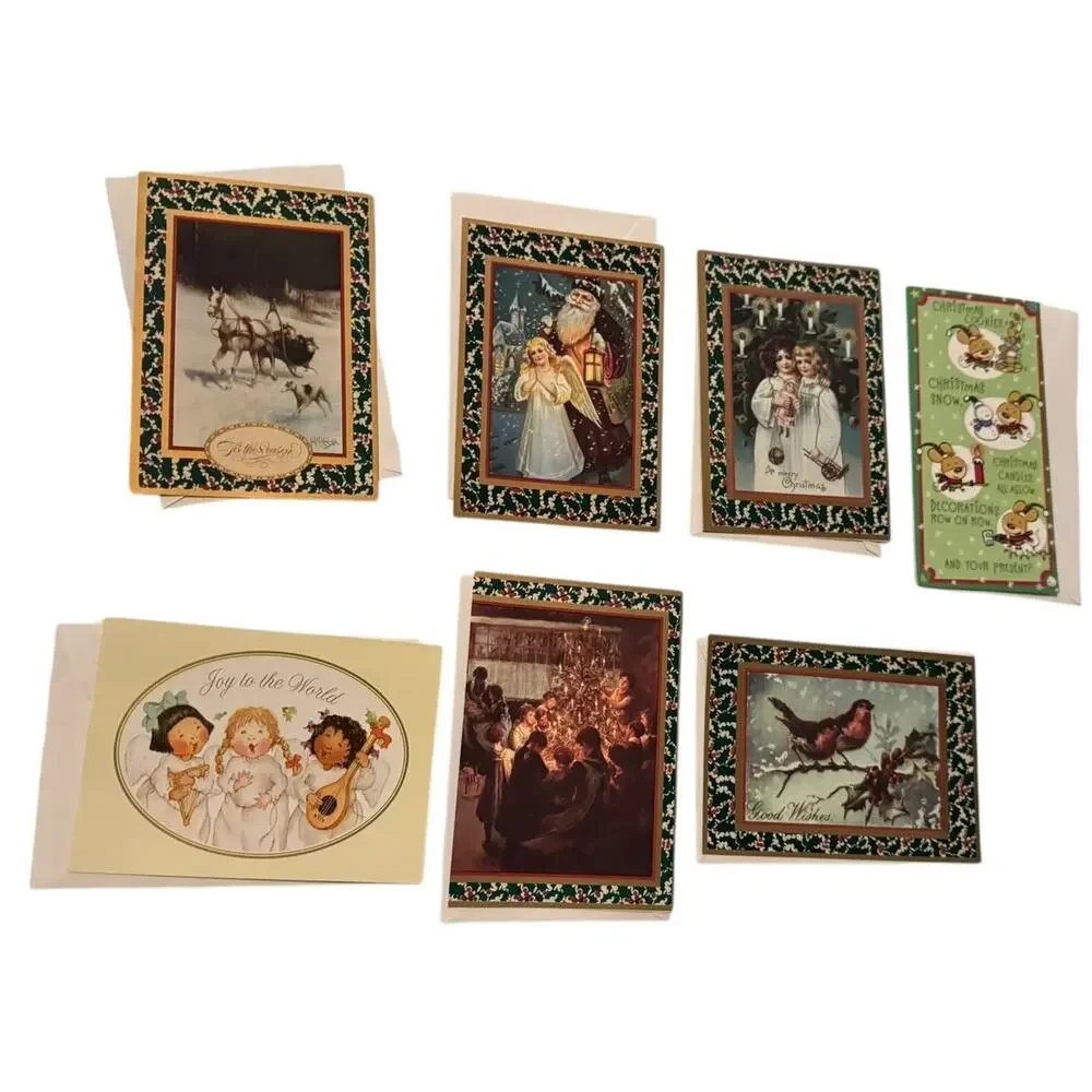 Lot 7 Vintage Christmas Greeting‎ Cards Mixed Designs Envelopes Winter Holiday